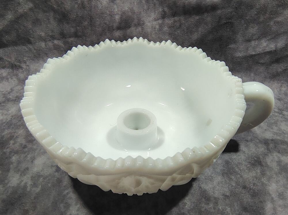 L. E. Smith Milk Glass Opaque White Quintec Heritage Handled Candle Holder Bowl